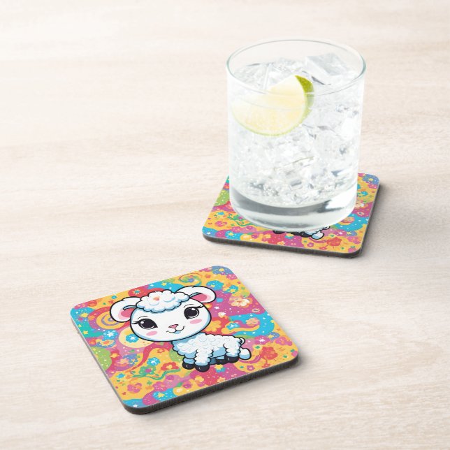Cute lamb on a colourful background coaster (Right Side)