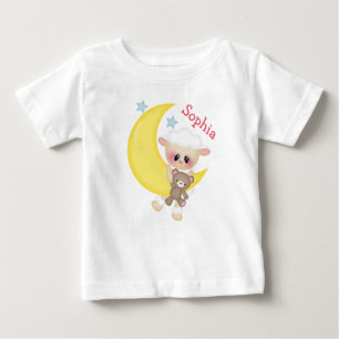 Cute Lamb on Crescent Moon with Monogram Baby T-Shirt