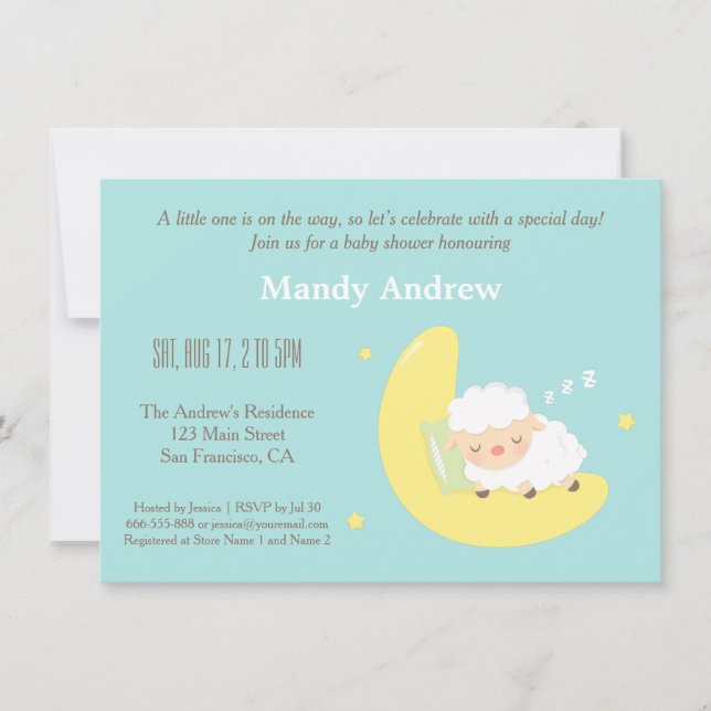 Cute Lamb on Moon Baby Shower Party Invitations (Front)