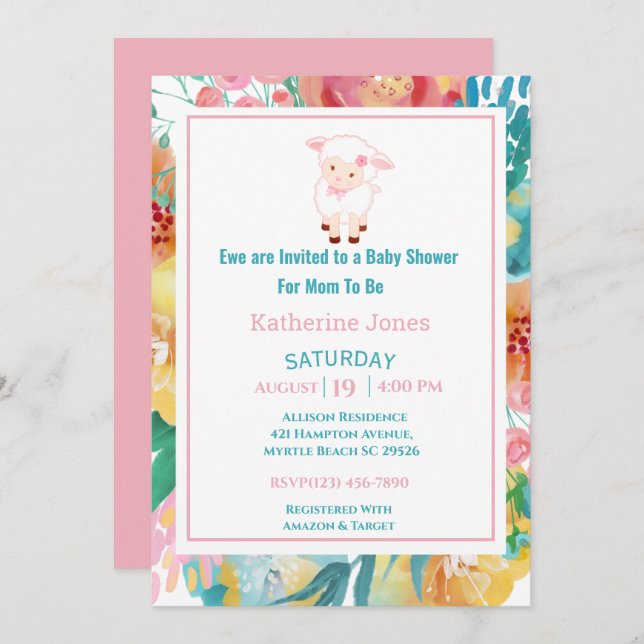 Cute Lamb Pink Floral Baby Shower Invitation (Front/Back)