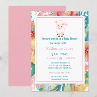 Cute Lamb Pink Floral Baby Shower Invitation