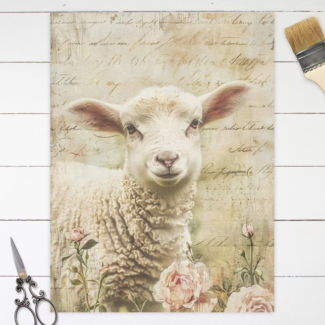 Cute Lamb Pink Flowers Script Decoupage Tissue Paper (Creator Uploaded)