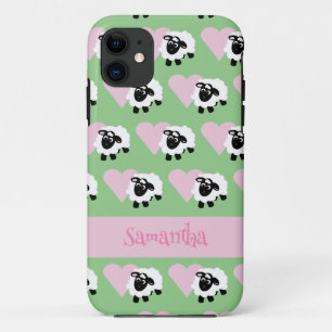 Cute Lamb Pink Heart Pattern Green Case-Mate iPhone Case