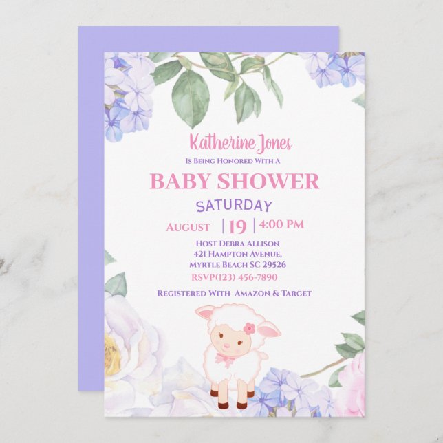Cute Lamb Purple Floral Baby Shower Invitation (Front/Back)