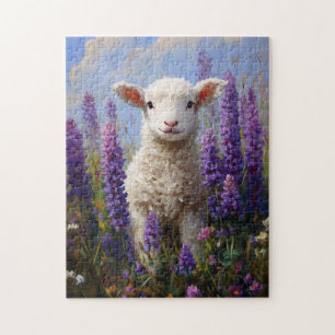 Cute Lamb Purple Lupine Flowers Jigsaw Puzzle