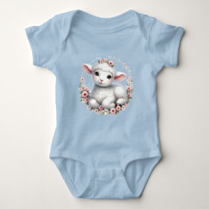 Cute Lamb with Floral Crown Illustration Baby Bodysuit