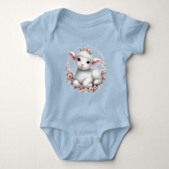 Cute Lamb with Floral Crown Illustration Baby Bodysuit (Front)