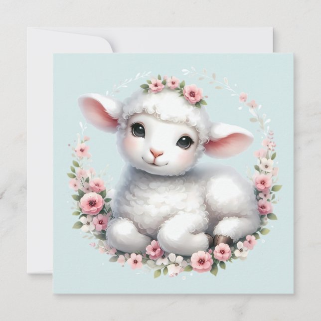 Cute Lamb with Floral Crown Illustration Card (Front)