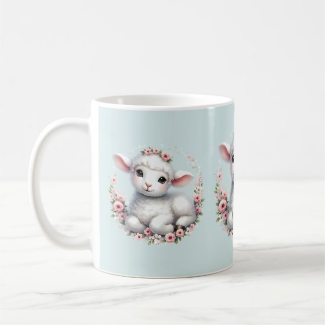 Cute Lamb with Floral Crown Illustration Coffee Mug (Left)