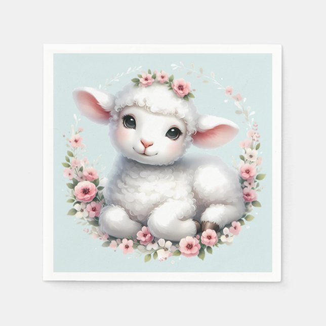 Cute Lamb with Floral Crown Illustration Napkin (Front)