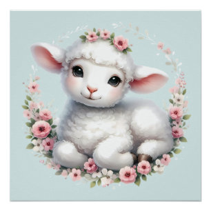 Cute Lamb with Floral Crown Illustration Poster