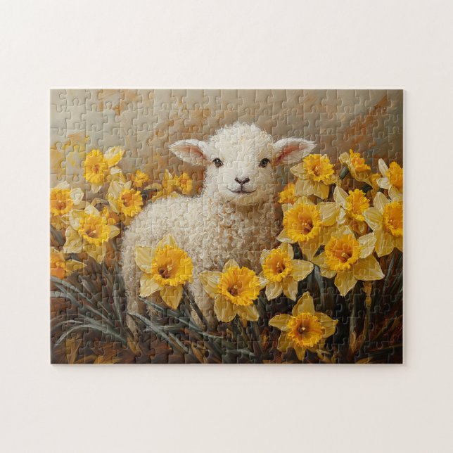 Cute Lamb with Yellow Daffodils Painting Jigsaw Puzzle (Horizontal)