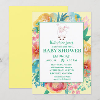Cute Lamb Yellow Green Floral Baby Shower Invitation