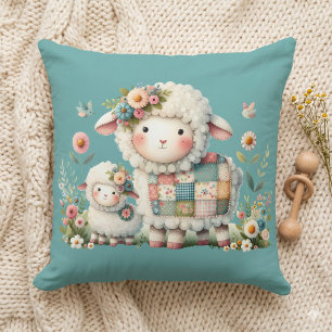 Cute Lambs with Floral and Patchwork Accents Cushion