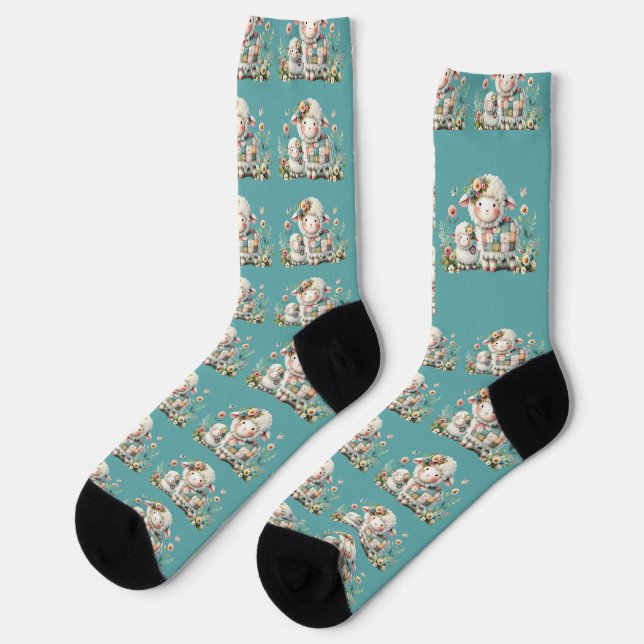 Cute Lambs with Floral and Patchwork Accents Socks (Left)