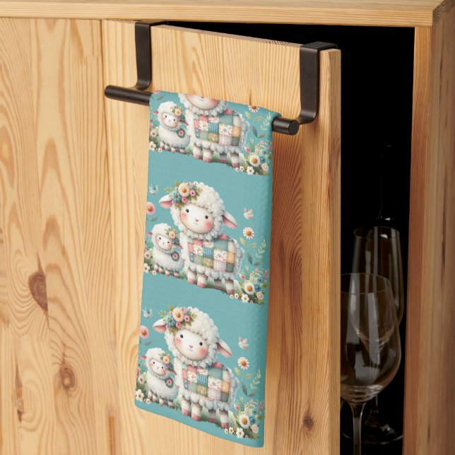 Cute Lambs with Floral and Patchwork Accents Tea Towel (Thirds Fold)