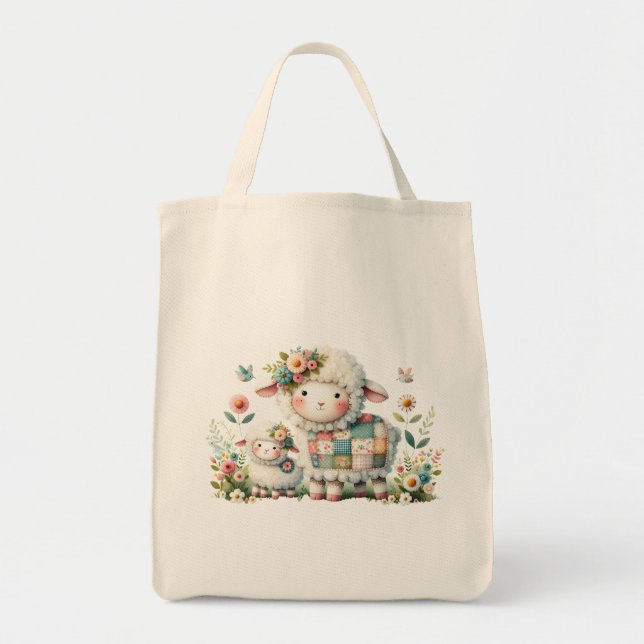 Cute Lambs with Floral and Patchwork Accents Tote Bag (Front)