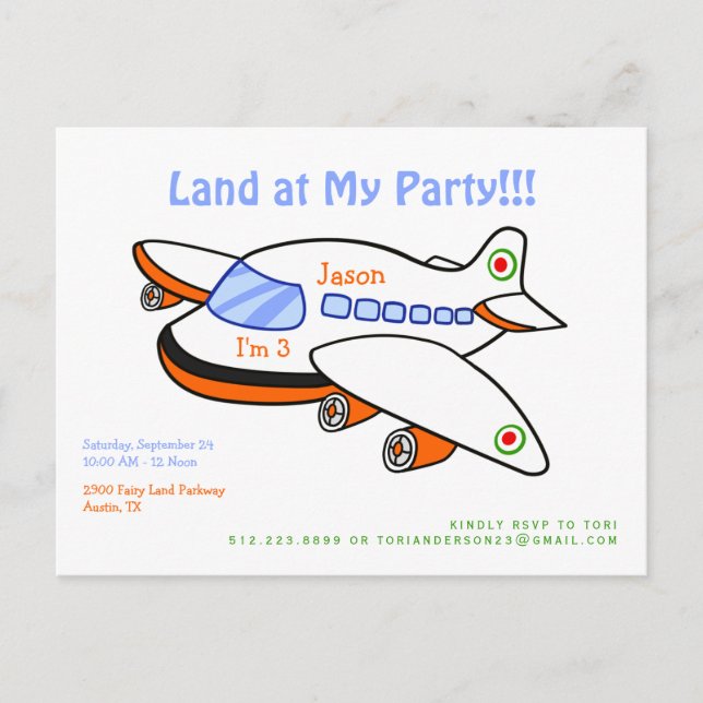 Cute Land at My Party Aeroplane Invitation Postcar Postcard (Front)