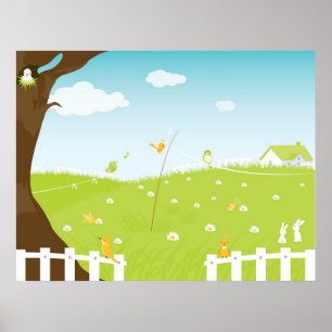 Cute Landscape With Singing Birds And Trees Poster