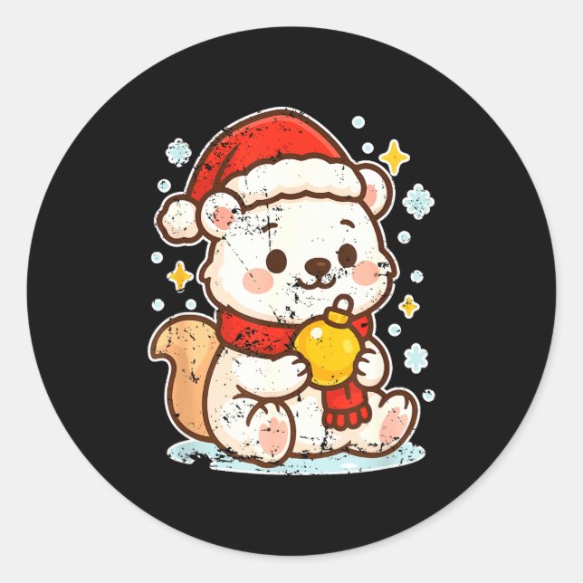 Cute Lar Bear Winter With Santa Hat  Classic Round Sticker (Front)