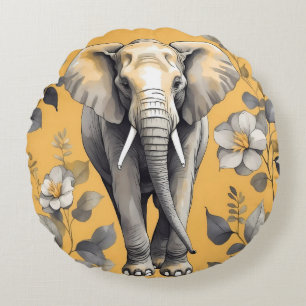 Cute Large Elephant Walking over Yellow Daisies Round Cushion