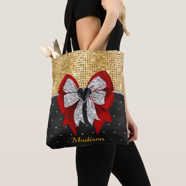 Cute large red glittery silver bow tie monogram tote bag (Close Up)