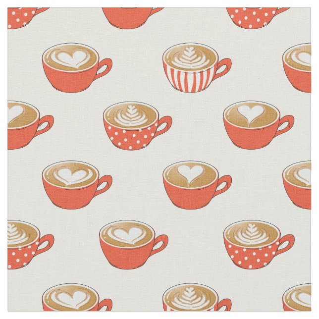 Cute Latte Art in Red Coffee Mugs Pattern Fabric (Close Up)