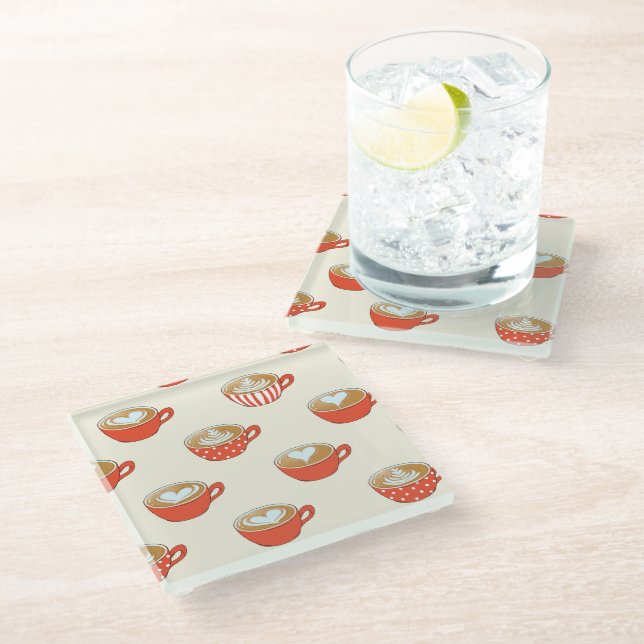 Cute Latte Art in Red Coffee Mugs Pattern Glass Coaster (Angled)