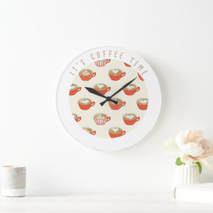 Cute Latte Art in Red Coffee Mugs Pattern Large Clock