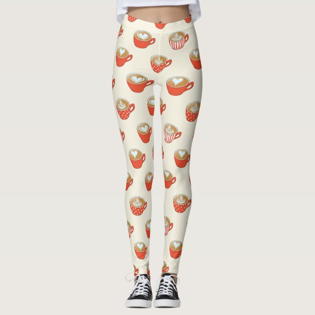 Cute Latte Art in Red Coffee Mugs Pattern Leggings (Front)