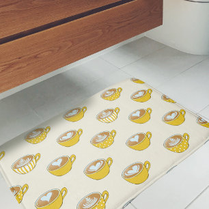 Cute Latte Art in Yellow Coffee Mugs Pattern Bath Mat