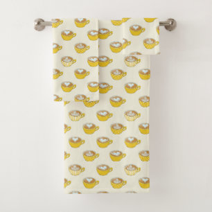 Cute Latte Art in Yellow Coffee Mugs Pattern Bath Towel Set