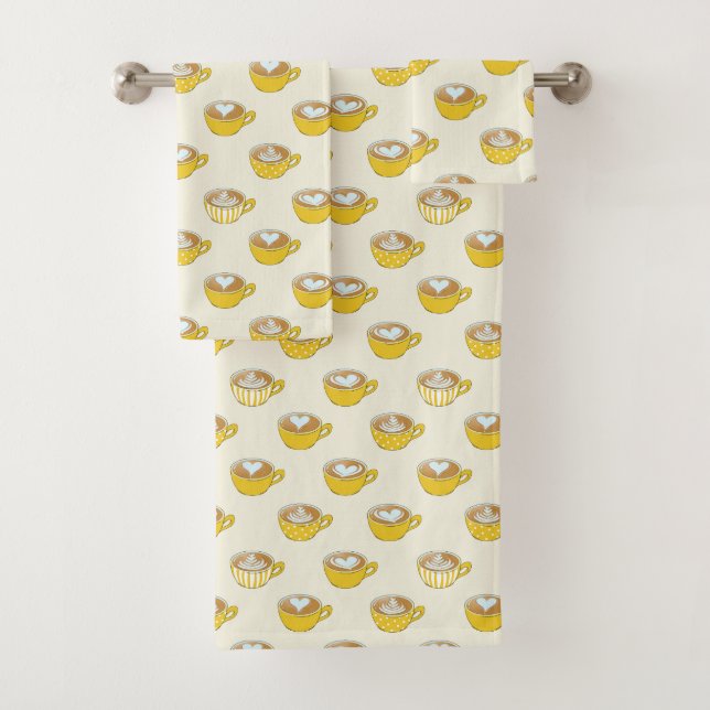 Cute Latte Art in Yellow Coffee Mugs Pattern Bath Towel Set (Insitu)