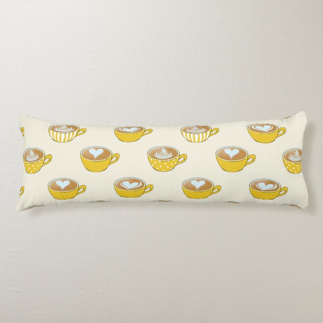 Cute Latte Art in Yellow Coffee Mugs Pattern Body Cushion (Front)
