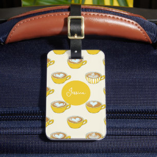 Cute Latte Art in Yellow Coffee Mugs Pattern Luggage Tag