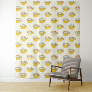 Cute Latte Art in Yellow Coffee Mugs Pattern Tapestry