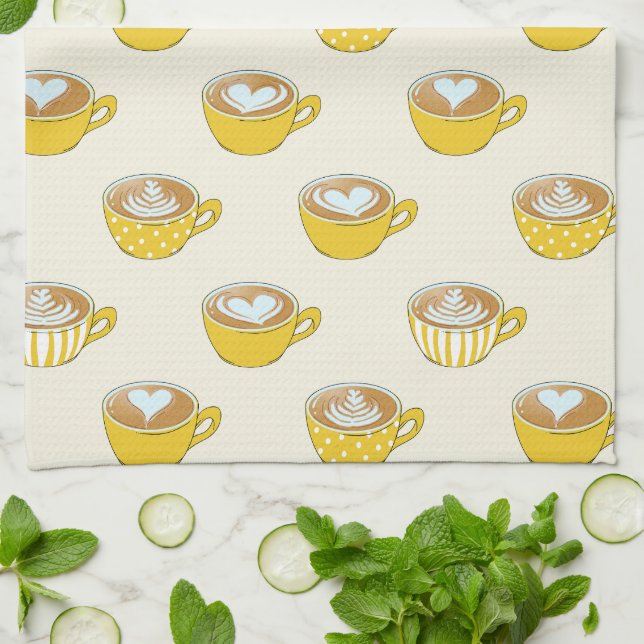 Cute Latte Art in Yellow Coffee Mugs Pattern Tea Towel (Folded)