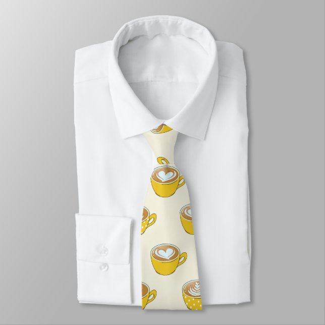 Cute Latte Art in Yellow Coffee Mugs Pattern Tie (Tied)