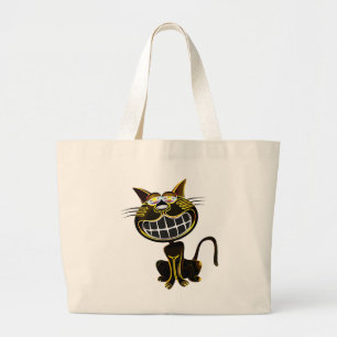 CUTE LAUGHING BLACK AND BRIGHT YELLOW CAT LARGE TOTE BAG