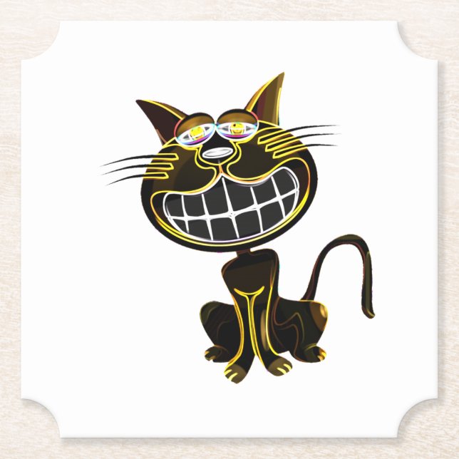 CUTE LAUGHING BLACK AND BRIGHT YELLOW CAT PAPER COASTER (Front)
