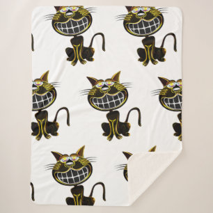 CUTE LAUGHING BLACK AND BRIGHT YELLOW CAT SHERPA BLANKET