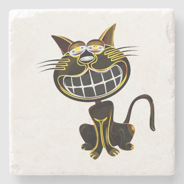 CUTE LAUGHING BLACK AND BRIGHT YELLOW CAT STONE COASTER (Front)