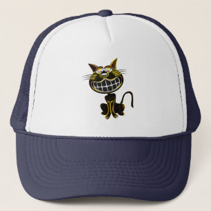CUTE LAUGHING BLACK AND BRIGHT YELLOW CAT TRUCKER HAT