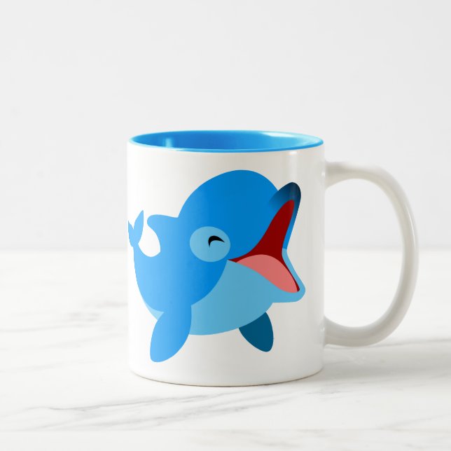 Cute Laughing Cartoon Dolphin Two-Tone Coffee Mug (Right)