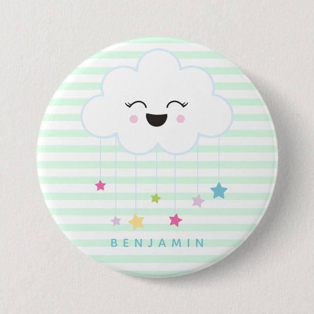 Cute Laughing Cloud - Green Striped Button (Front)