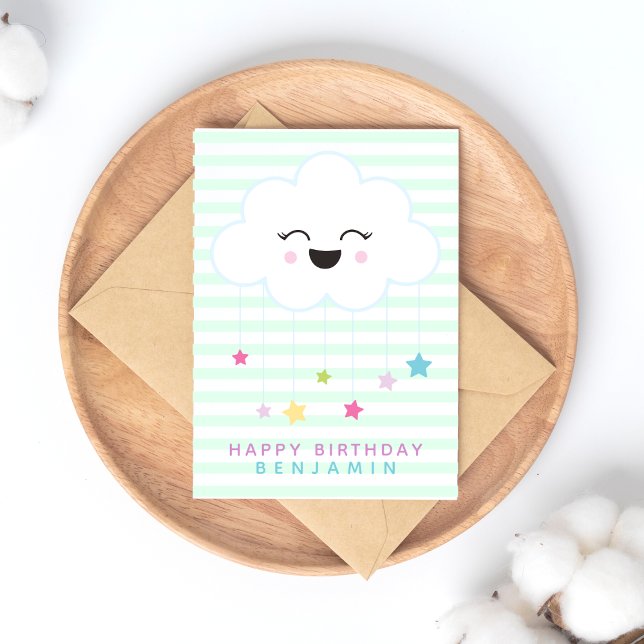Cute Laughing Cloud - Green Striped Kids Birthday Postcard (Creator Uploaded)