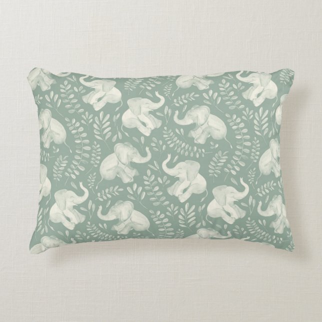 Cute Laughing Elephants in Cream and Sage Green Decorative Cushion (Front)