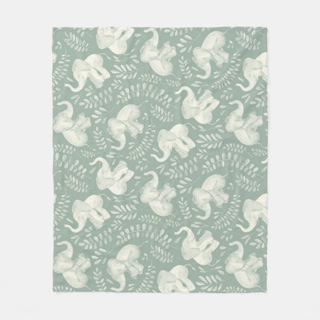 Cute Laughing Elephants in Cream and Sage Green Fleece Blanket (Front)