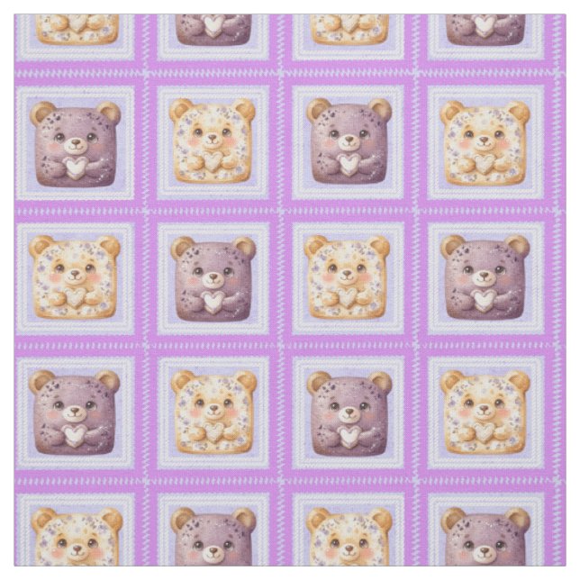 Cute Lavender Blueberry Patchwork Teddy Bear Fabric (Swatch)