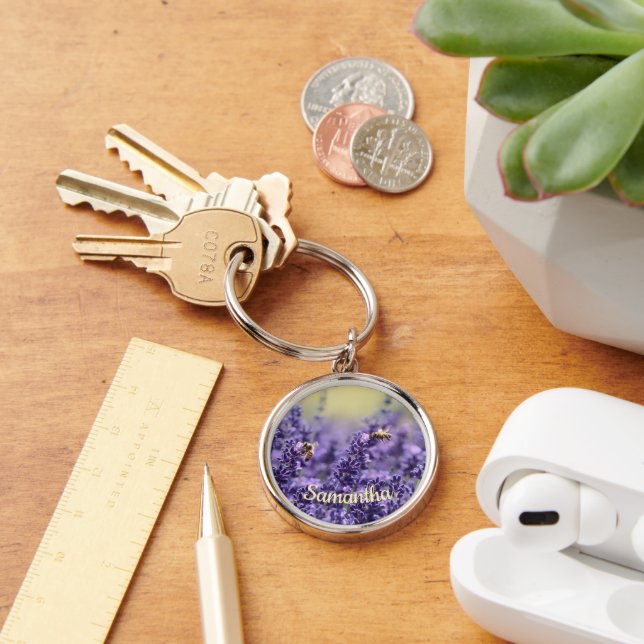 Cute Lavender Flowers Bees With Name Key Ring (Desk)